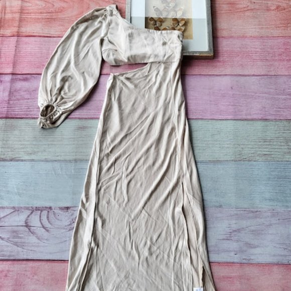 Princess Polly Dresses & Skirts - Princess Polly Champagne Satin One Shoulder Cutout Midi Dress Women’s Size 8US